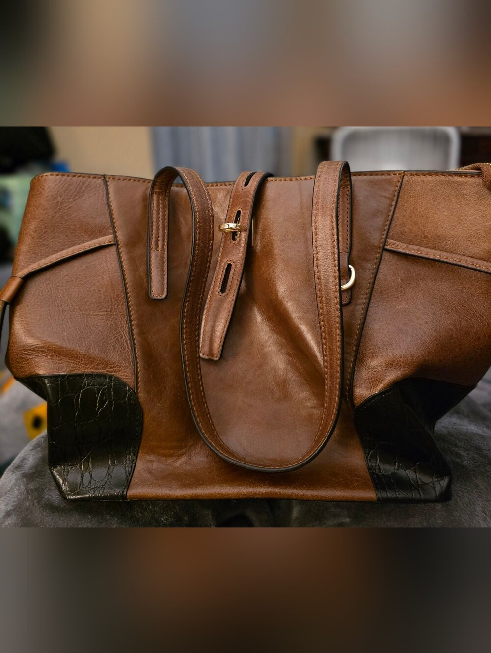 Leather Tote Bag in Brown and Black - Classic Women's Carryall